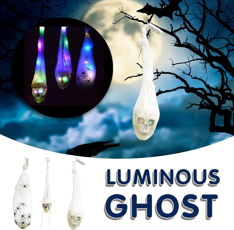 كلاراكو جمجمة معلقة في الهالوين مع عيون مضيئة وهيكل عظمي مخيف داخل شبكة عنكبوت زاحفة وديكور هالوين، دعائم هالوين متوهجة مخيفة لديكور الفناء والمنزل المسكون (3) - Image 3