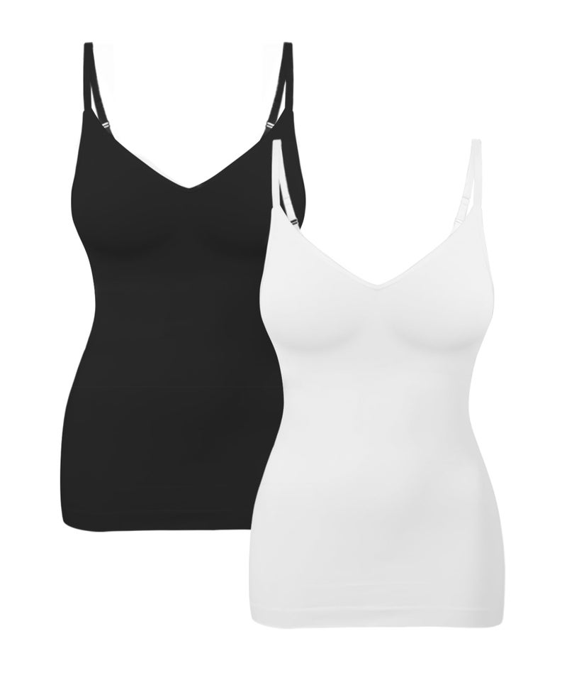 EUYZOU Womens 2PK Tummy Control Shapewear Tank Tops Seamless V-Neck Compression Tank Tops Body Shaper Camisole, Black/White L - Image 1