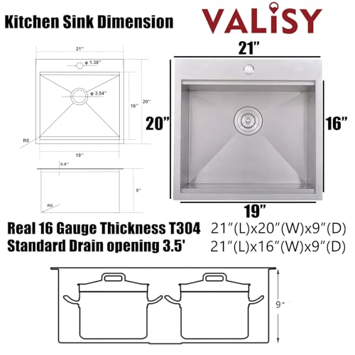 VALISY Drop In Kitchen Sink, 21x20 Inch Bar Sink Workstation Stainless Steel Outdoor Topmount Small Sinks, 16 Gauge Single Bowl Kitchen Sinks for Laundry Office Wet Bar Prep RV Yard with Accessories - Image 4