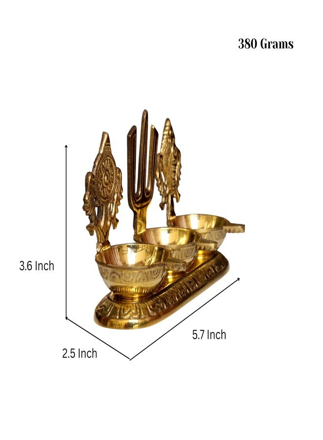 RAISOM Brass Shankha Chakra Balaji Tilak 3 Deep Diya | Premium Oil Lamp for Pooja, Home and Office Temple | Housewarming Gift, Diwali Puja and Festive Gifting | Height:3.6 in Weight: 380g - Image 2