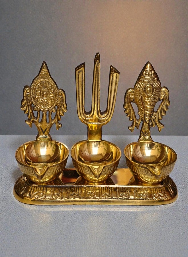 RAISOM Brass Shankha Chakra Balaji Tilak 3 Deep Diya | Premium Oil Lamp for Pooja, Home and Office Temple | Housewarming Gift, Diwali Puja and Festive Gifting | Height:3.6 in Weight: 380g - Image 5