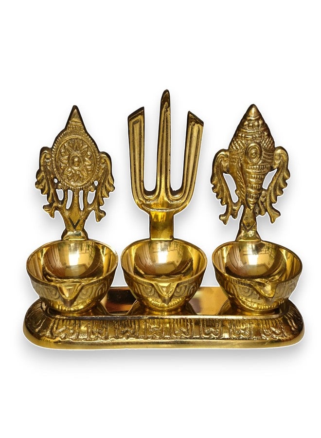 RAISOM Brass Shankha Chakra Balaji Tilak 3 Deep Diya | Premium Oil Lamp for Pooja, Home and Office Temple | Housewarming Gift, Diwali Puja and Festive Gifting | Height:3.6 in Weight: 380g - Image 1