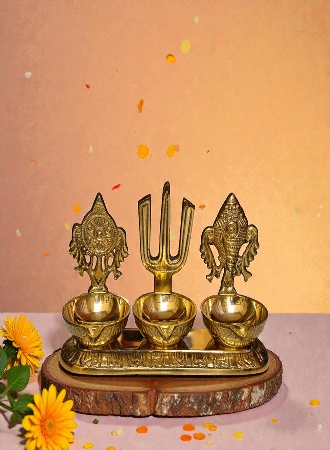RAISOM Brass Shankha Chakra Balaji Tilak 3 Deep Diya | Premium Oil Lamp for Pooja, Home and Office Temple | Housewarming Gift, Diwali Puja and Festive Gifting | Height:3.6 in Weight: 380g - Image 3