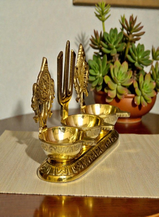 RAISOM Brass Shankha Chakra Balaji Tilak 3 Deep Diya | Premium Oil Lamp for Pooja, Home and Office Temple | Housewarming Gift, Diwali Puja and Festive Gifting | Height:3.6 in Weight: 380g - Image 4