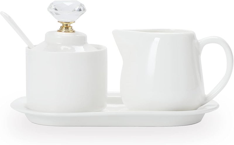ONTUBE Porcelain Sugar and Creamer with tray and Crystal Lid Set of 4 (Gold) - Image 1