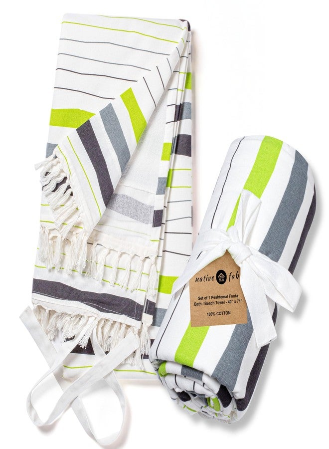 Native Fab Terry Beach Towel - Extra Large 40x72 inches - 100% Cotton Soft Absorbent Turkish Towel for Adults, Swim, Bath, Pool - Sand Resistant, Thick Fouta Towels - Multi Striped - Grey Green - Image 1