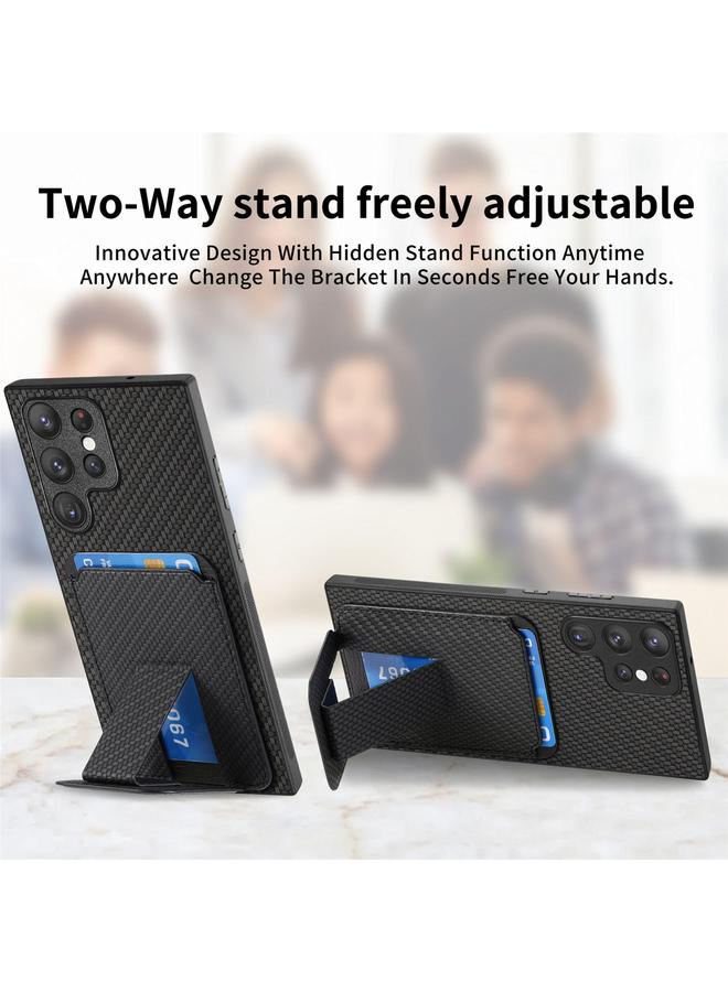 اس-توب جراب لهاتف Samsung Galaxy S24 Ultra 5G مصنوع من ألياف الكربون وحقيبة بطاقات وحامل قابل للطي - Image 2