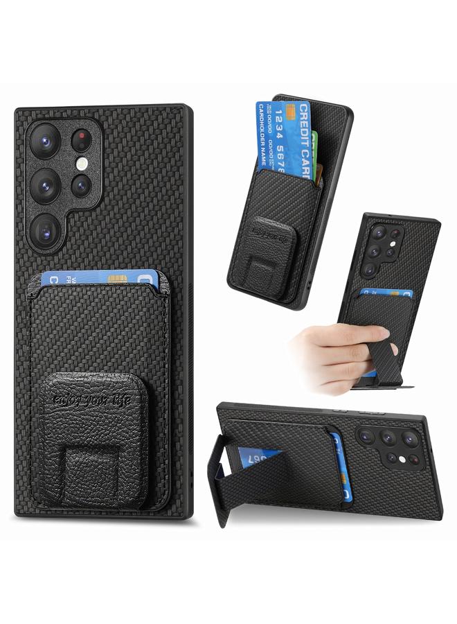 اس-توب جراب لهاتف Samsung Galaxy S24 Ultra 5G مصنوع من ألياف الكربون وحقيبة بطاقات وحامل قابل للطي - Image 1