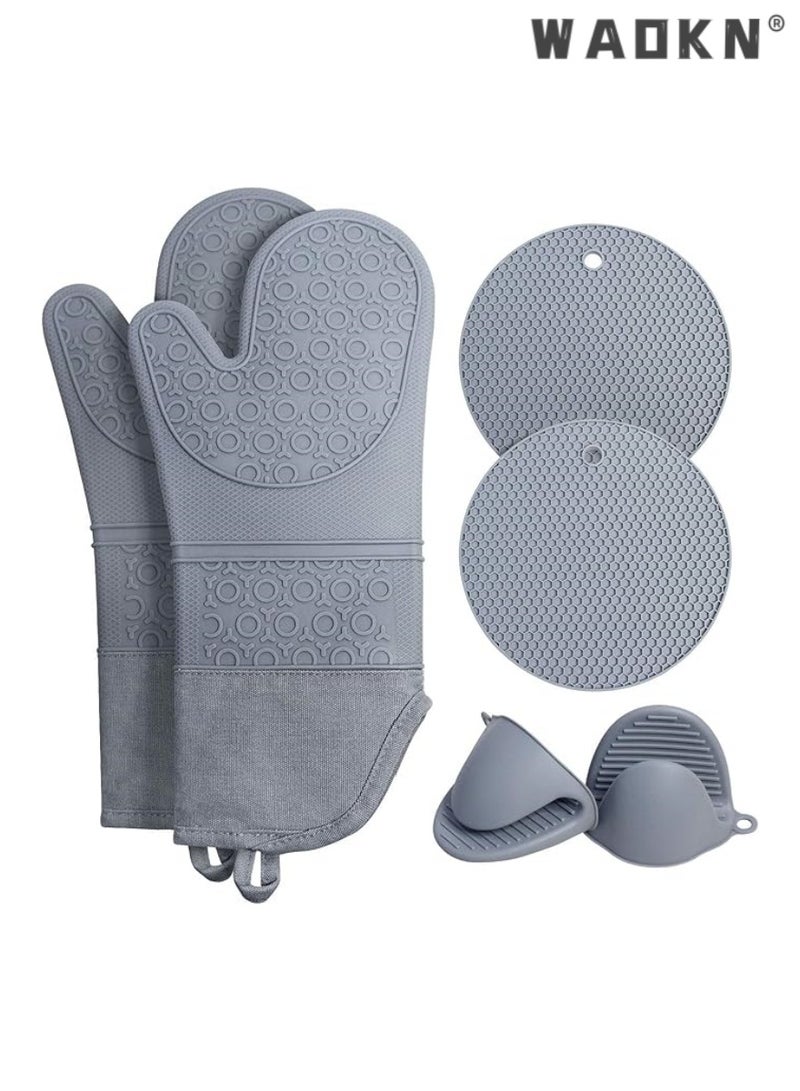 WAOKN Oven Mitts Set, Heat Resistant Silicone Gloves Anti-Hot Trivets Mats Cauldron Pan Dish Holders with Non-Slip for Kitchen Baking Cooking 6 Pcs Grey  - Image 1