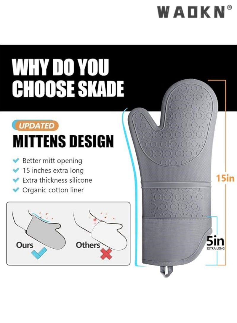 WAOKN Oven Mitts Set, Heat Resistant Silicone Gloves Anti-Hot Trivets Mats Cauldron Pan Dish Holders with Non-Slip for Kitchen Baking Cooking 6 Pcs Grey  - Image 3