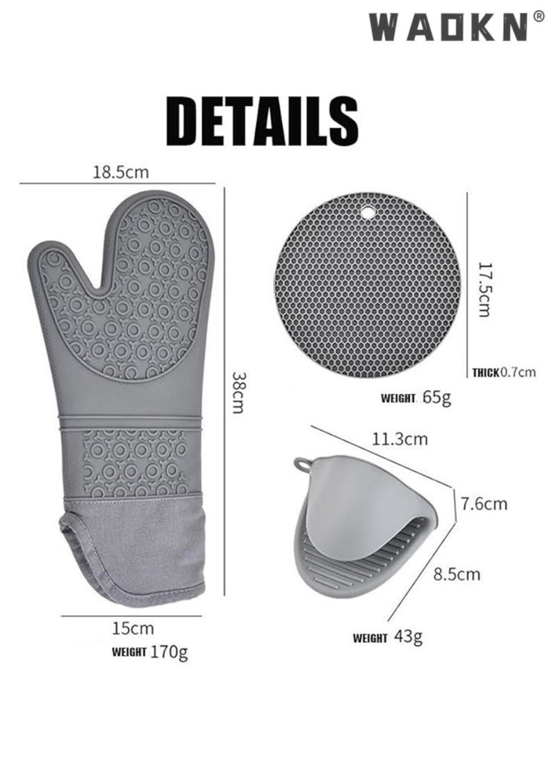 WAOKN Oven Mitts Set, Heat Resistant Silicone Gloves Anti-Hot Trivets Mats Cauldron Pan Dish Holders with Non-Slip for Kitchen Baking Cooking 6 Pcs Grey  - Image 2