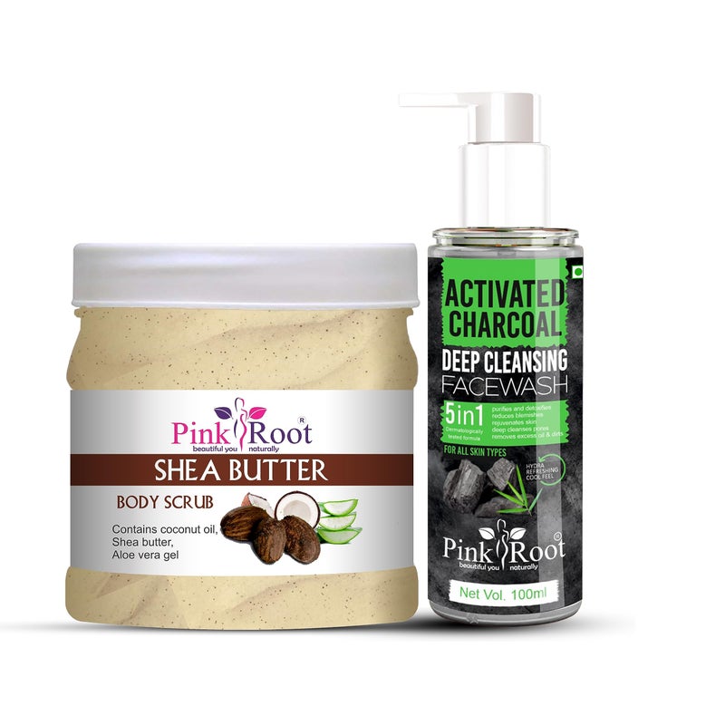 Pink Root Activated Charcoal Deep Cleansing Facewash 100ml with Shea Butter Body Scrub 500gm - Image 3
