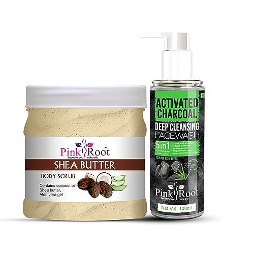 Pink Root Activated Charcoal Deep Cleansing Facewash 100ml with Shea Butter Body Scrub 500gm - Image 1
