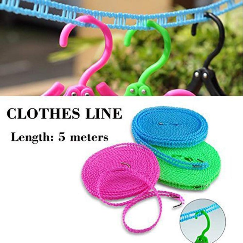 ATETO 5 Meters Windproof AntiSlip Clothes Washing Line Drying Nylon Rope with Hooks 5 Meter Nylon Clothesline Rope - Image 2