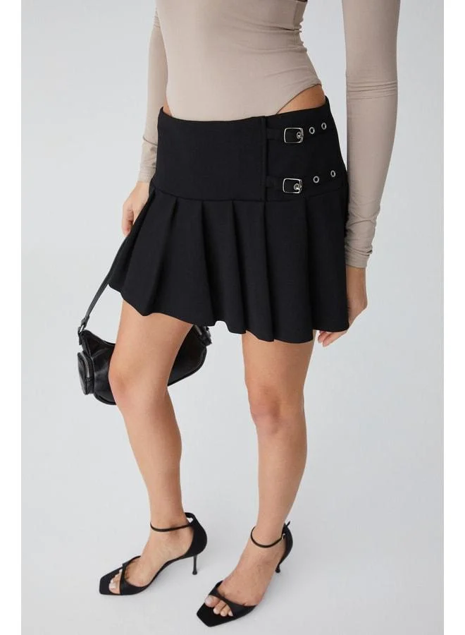 GRIMELANGE Leary Women's High-Waist Interlock Belted Pleated Black Mini Skirt