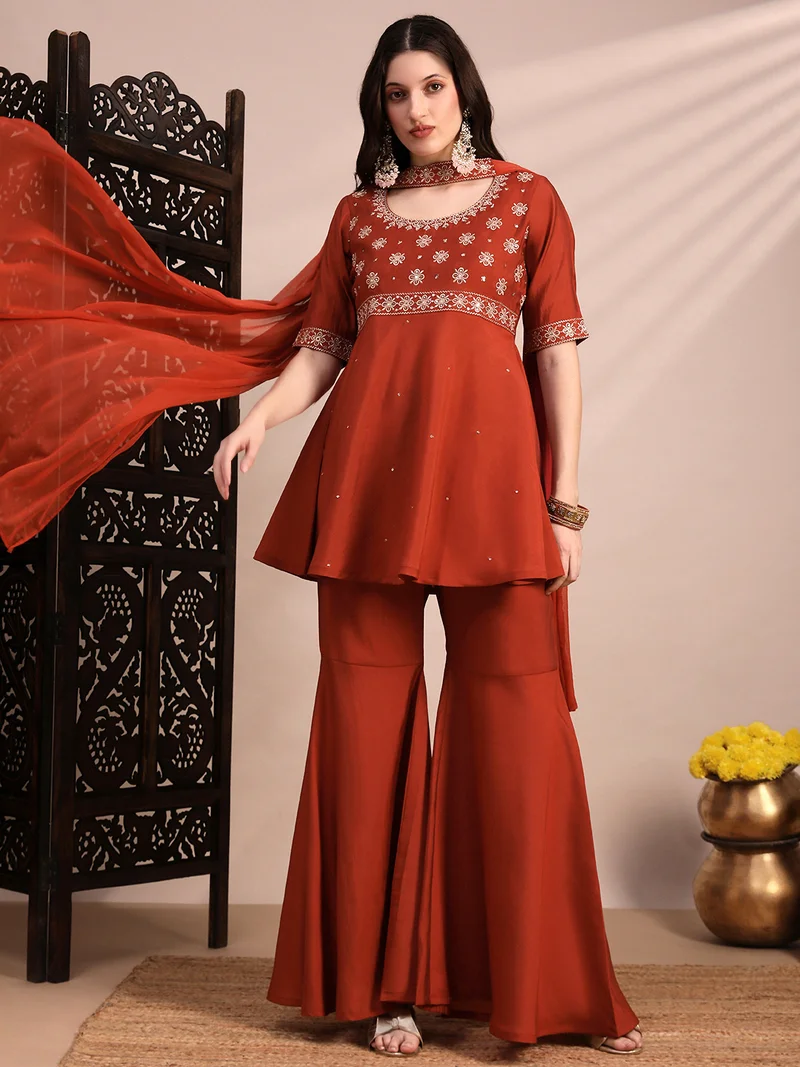 جلو باص Globus Women Orange Sequinned & Zari Embroidered Yoke Tunic & Gharara With Choker Dupatta Festive Co-Ord Set