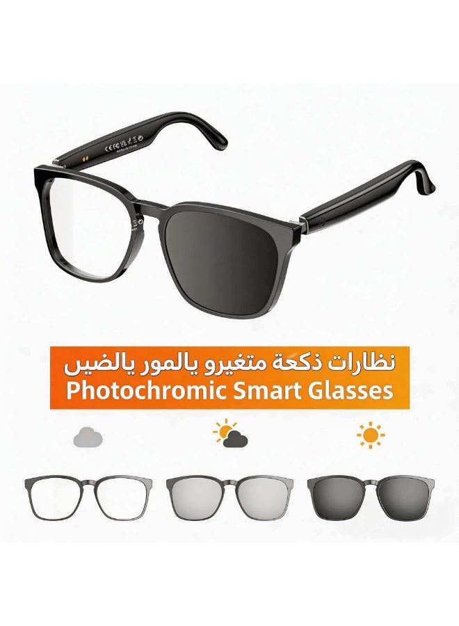 SANMUDII AI-powered smart glasses with three lens color options, Bluetooth connectivity, and long battery life. Ideal for meetings, listening to music, and hands-free calls while driving. Features an AI voice assistant, is water- and dust-resistant, and supports translation in 150 languages. These multifunctional touch-enabled audio smart glasses make an excellent gift for business associates, friends, family, and classmates during the holidays (Black). - Image 1