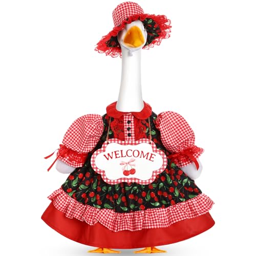 FuWeave Summer Porch Goose Outfit Set for 23 H Plastic Lolita Cement Statue Cute Fruit Skirt Summer Fall Spring Goose Costume Clothes for Indoor Outdoor Yard Lawn Patio Art DecorCherry - Image 1