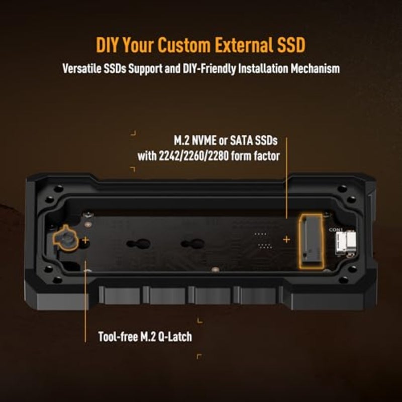حاوية TUF Gaming A2 USB-C 3.2 Gen 2x2 SSD: Dual M.2 NVMe PCIe، واجهات SATA، M.2 Q-Latch، مقاومة السقوط MIL-STD-810H، مقاومة الماء والغبار IP68، دعم PS5 وXbox - أسود - Image 5