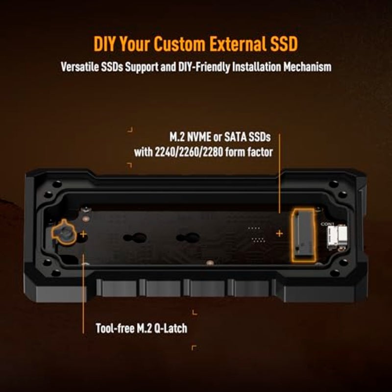 حاوية TUF Gaming A2 USB-C 3.2 Gen 2x2 SSD: Dual M.2 NVMe PCIe، واجهات SATA، M.2 Q-Latch، مقاومة السقوط MIL-STD-810H، مقاومة الماء والغبار IP68، دعم PS5 وXbox - أسود - Image 3