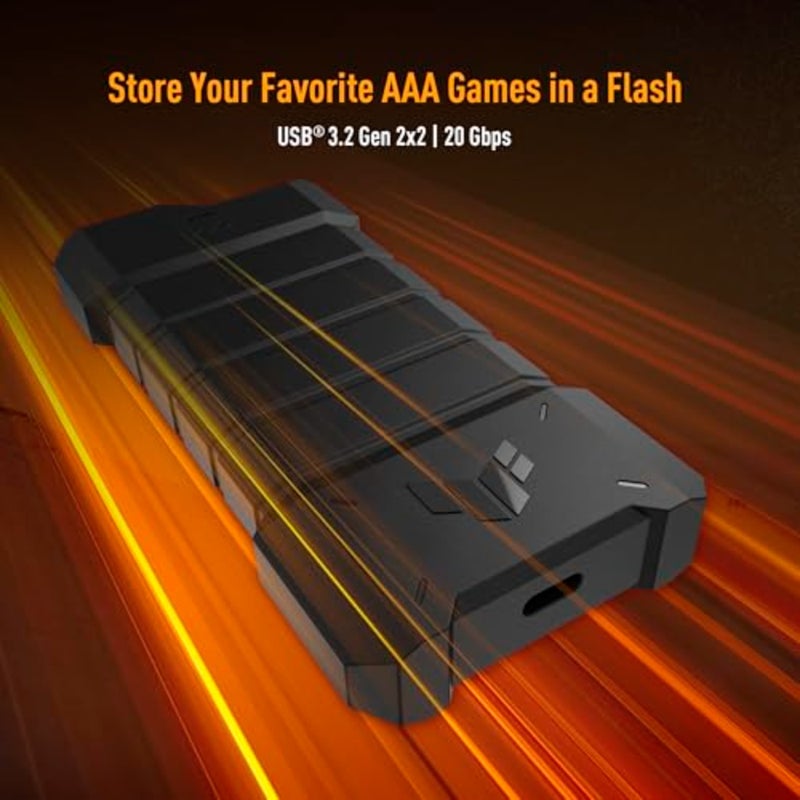 حاوية TUF Gaming A2 USB-C 3.2 Gen 2x2 SSD: Dual M.2 NVMe PCIe، واجهات SATA، M.2 Q-Latch، مقاومة السقوط MIL-STD-810H، مقاومة الماء والغبار IP68، دعم PS5 وXbox - أسود - Image 2