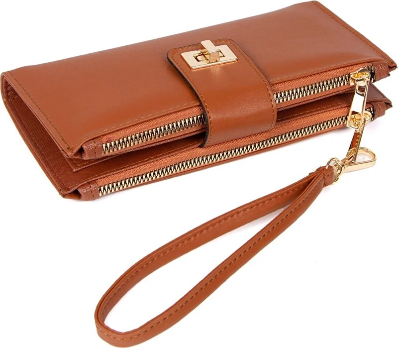 Avca Women's Leather Tan Phone Cash Coin Compartment Card Holder Locked Wrist Strap Portfolio Wallet