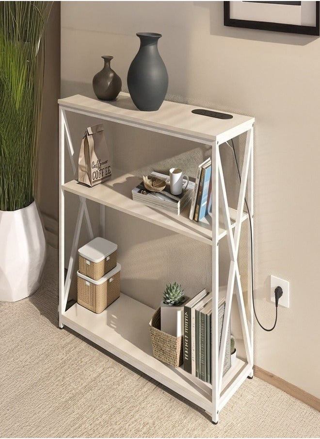 AGD - Adjustable 3 Layer Console Table with Charging Base, Coffee Table with Storage Shelf and Power Outlet for Living Room Entryway Sofa Foyer 100x35x90cm Metal (White) - Image 1