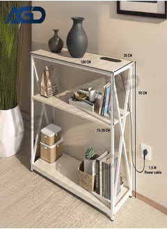 AGD Adjustable 3 Layer Console Table with Charging Base, Coffee Table with Storage Shelf and Power Outlet for Living Room Entryway Sofa Foyer 100x35x90cm Metal (White)  - Image 2