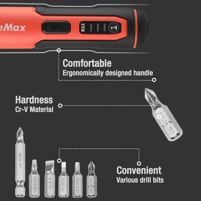 فاليو ماكس مفك كهربائي ValueMax 3.6V، مجموعة مفك لاسلكي قابلة للشحن مع شحن USB، 24 قطعة من بتات Cr-V، قضيب تمديد واحد، ضوء LED وصندوق أدوات - Image 2