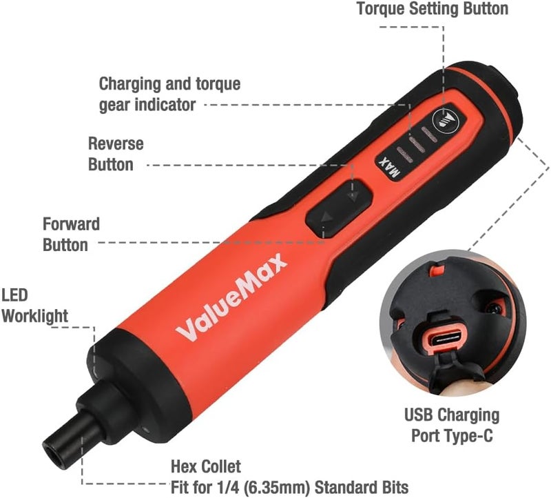 فاليو ماكس مفك كهربائي ValueMax 3.6V، مجموعة مفك لاسلكي قابلة للشحن مع شحن USB، 24 قطعة من بتات Cr-V، قضيب تمديد واحد، ضوء LED وصندوق أدوات - Image 4