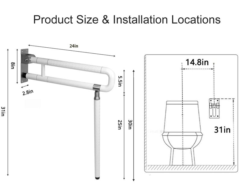MYOYAY 24In Toilet Safety Rails Wall Mount Floor Support Foldable Toilet Grab Bar Handicap Grab Bars Rails Non-Slip Stainless Steel Flip Up Grab Bar Fluorescent Handrails for Seniors Disabled Pregnant - Image 2