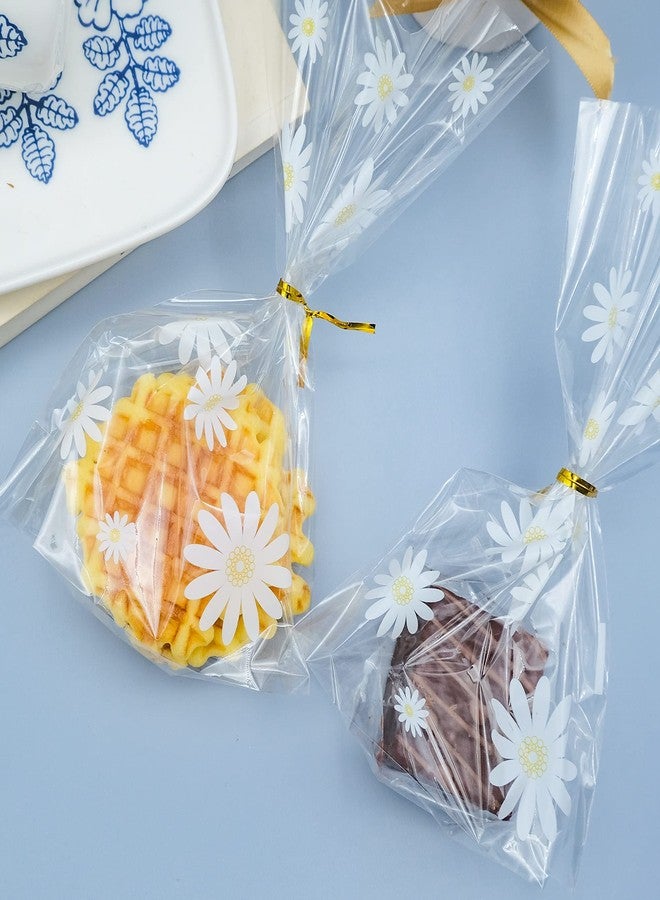 souG 100pcs Gusseted cellophane Bags Little White Daisy Cookie Bags (Size 5.9"x9"x2" with Gold Twist Ties, Best Gusset Bag for Presenting Packaged Treats, Candy, Popcorn etc. - Image 4
