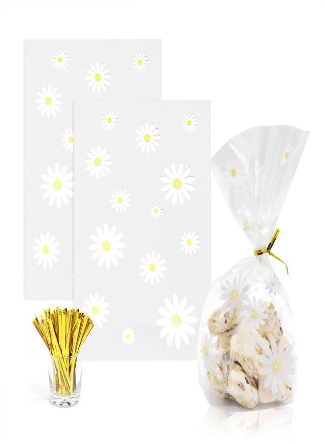 souG 100pcs Gusseted cellophane Bags Little White Daisy Cookie Bags (Size 5.9"x9"x2" with Gold Twist Ties, Best Gusset Bag for Presenting Packaged Treats, Candy, Popcorn etc. - Image 1