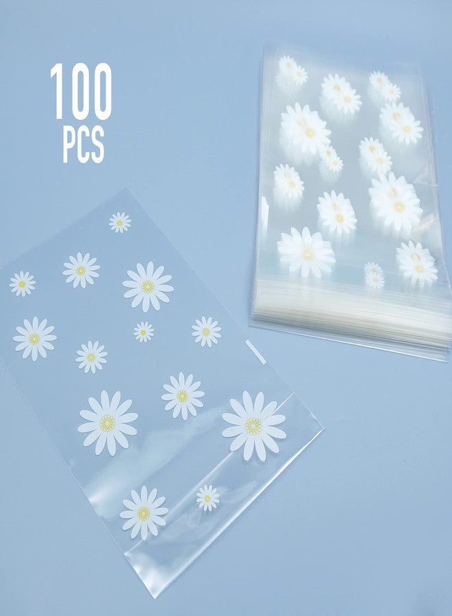 souG 100pcs Gusseted cellophane Bags Little White Daisy Cookie Bags (Size 5.9"x9"x2" with Gold Twist Ties, Best Gusset Bag for Presenting Packaged Treats, Candy, Popcorn etc. - Image 2