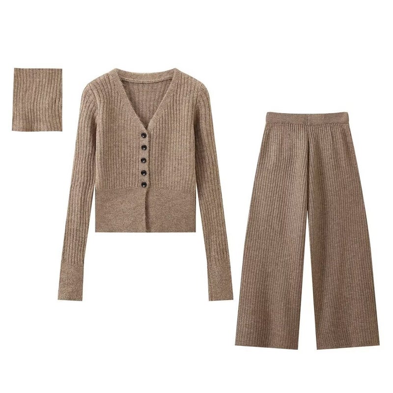 ZA cross-border womens clothing wholesale European and American style new fashion knitted cardigan jacket scarf pants three-piece set Khaki three-piece set