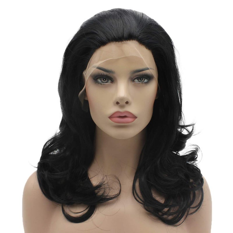 Lushy Medium Length Black Wig Heat Resistant Heavy Density Synthetic Lace Front Wig