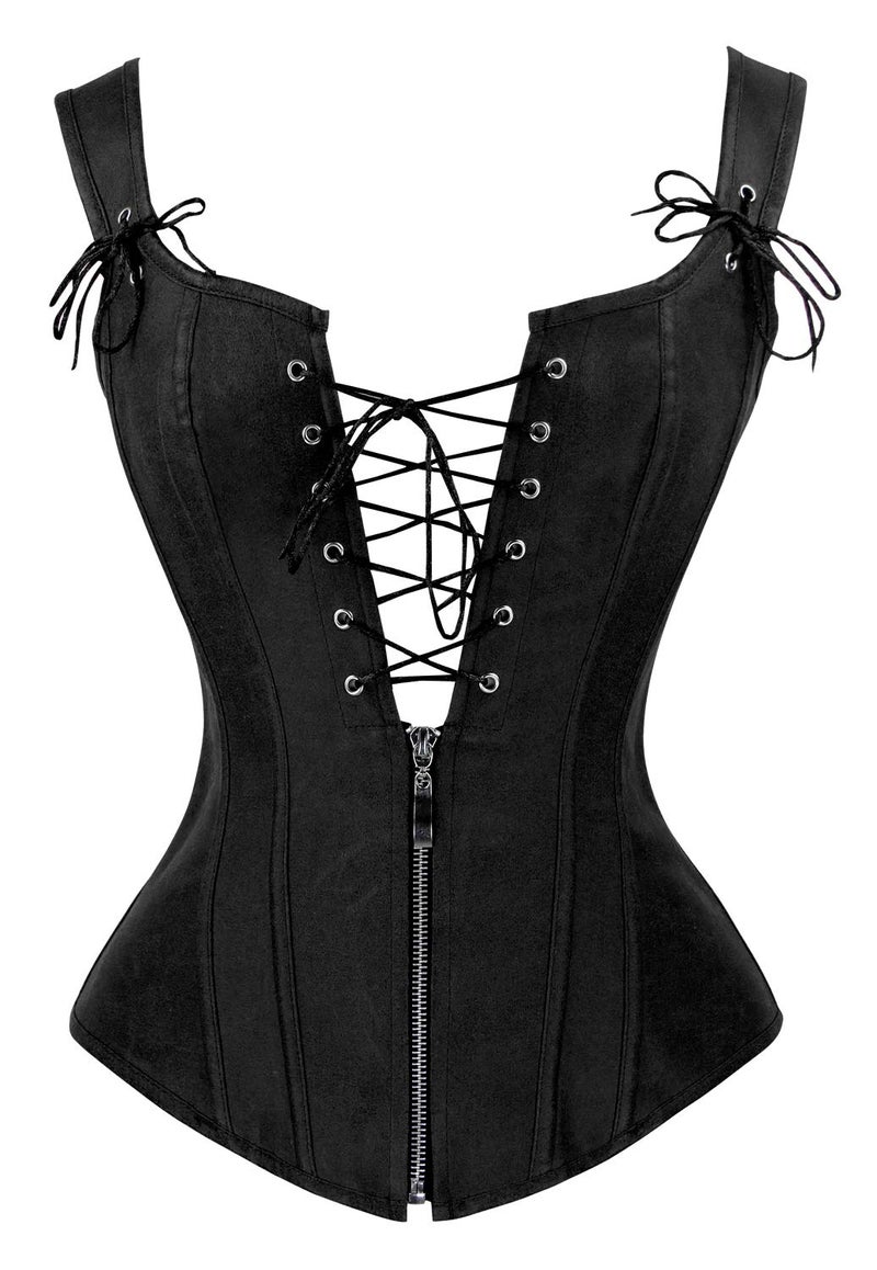 Charmian Women's Renaissance Lace Up Steampunk Vintage Boned Bustier Corset Top with Garters Black Small - Image 1