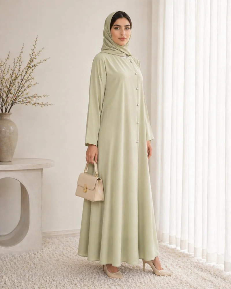 أم سكوير فاشن Sage Mist Korean Nida Abaya I Asymmetrical Button Design with Matching Chiffon Headscarf