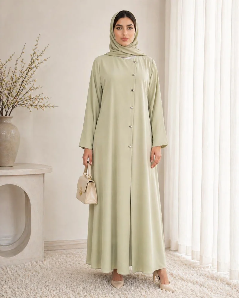 أم سكوير فاشن Sage Mist Korean Nida Abaya I Asymmetrical Button Design with Matching Chiffon Headscarf