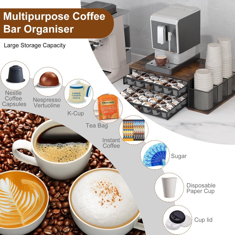 TQVAI K Cup Holder - 60 Capsule Capacity 2 Tier Sliding Pods Storage Drawer with Disposable Cups & Lids Holder, Coffee Bar Station Organizer for Countertop, Black - Image 4