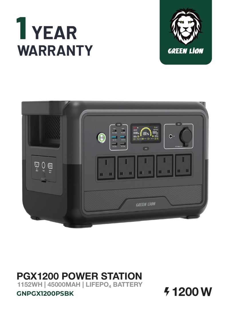 GREEN LION PGX1200 Portable Power Station / 1152Wh 360000mAh 1200W (LiFePO4) Generator / Total Output 1577W Max / Solar Input 400W / AC Input 1000W / Wireless Output 10W / Car Charger 12V - Black - Image 1