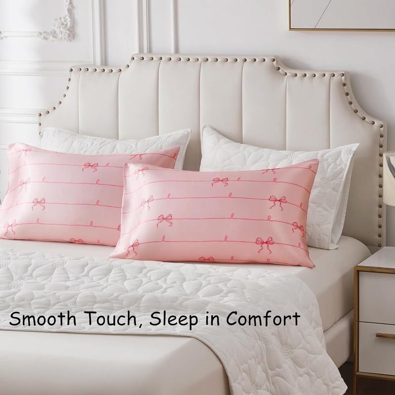 URLINENS غطاء وسادة من الساتان عبوة من 2 مشابه لأغطية الوسائد الحريرية مقاس كوين، غطاء وسادة ناعم للنساء للنوم مع إغلاق مغلف، هدايا للنساء والفتيات، قوس وردي، 20×30 بوصة، قطعتان - Image 4