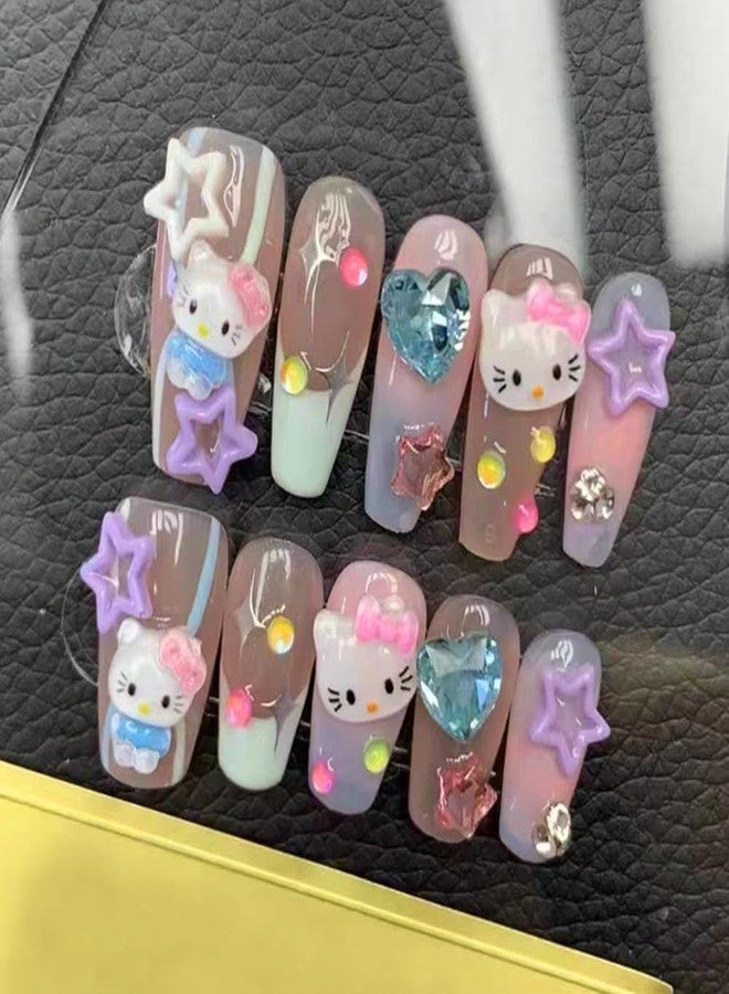 LIFOOST Press on Nails Handmade Fake Nails Medium Coffin Gel Finished False Nails Cute Kawaii Y2K 3D Cartoon Cat Design 10Pcs, Size Small - Image 5