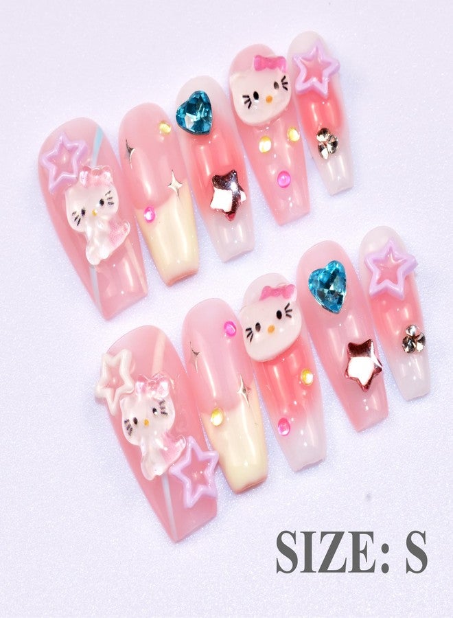 LIFOOST Press on Nails Handmade Fake Nails Medium Coffin Gel Finished False Nails Cute Kawaii Y2K 3D Cartoon Cat Design 10Pcs, Size Small - Image 2
