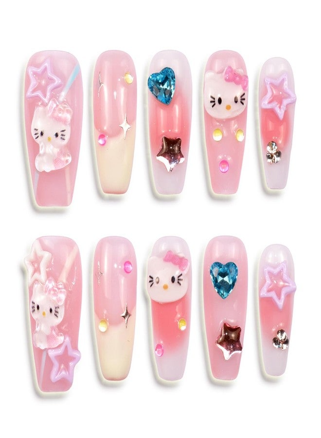 LIFOOST Press on Nails Handmade Fake Nails Medium Coffin Gel Finished False Nails Cute Kawaii Y2K 3D Cartoon Cat Design 10Pcs, Size Small - Image 1