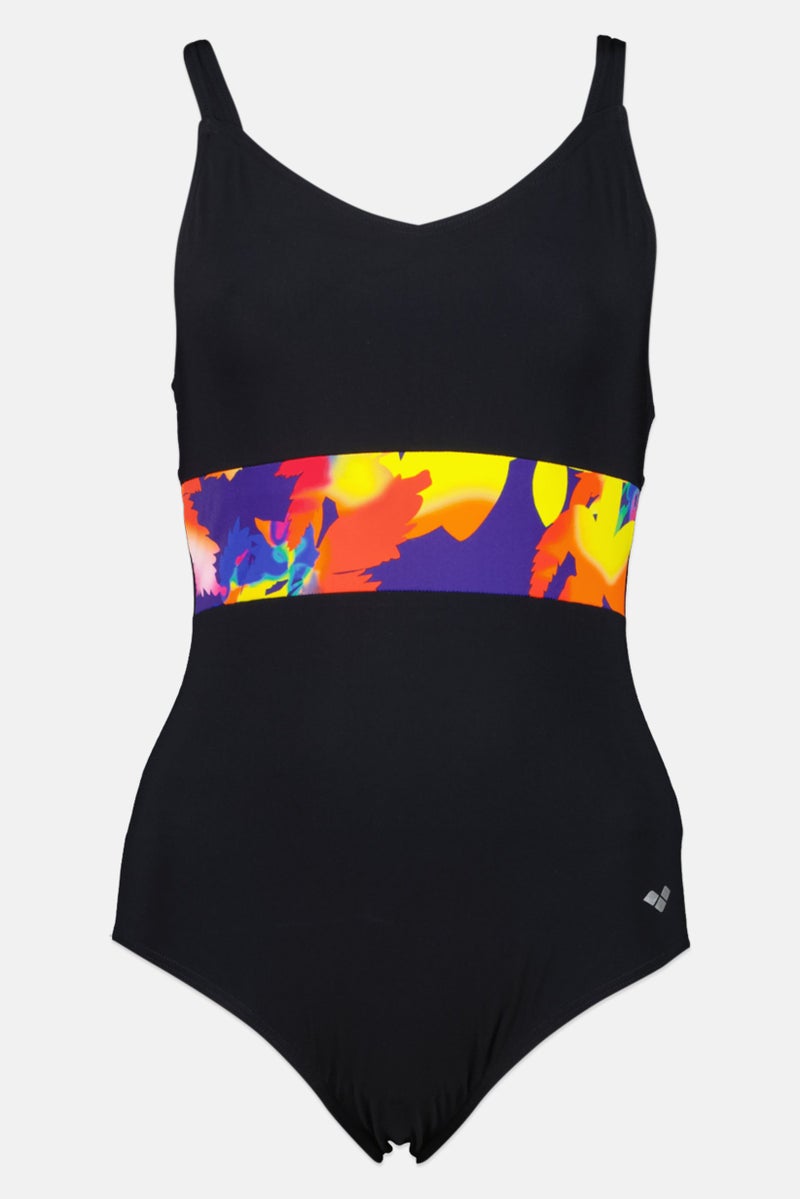 arena بدلة سباحة نسائية قطعة واحدة غير مبطنة بطباعة جرافيك، سوداء - Image 1