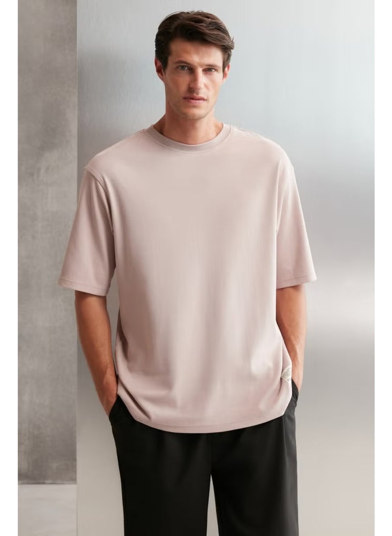 GRIMELANGE Joel Men's 100% Organic Cotton Thick Fabric Special Texture Label Detail Oversize Pink T-shirt - Image 5