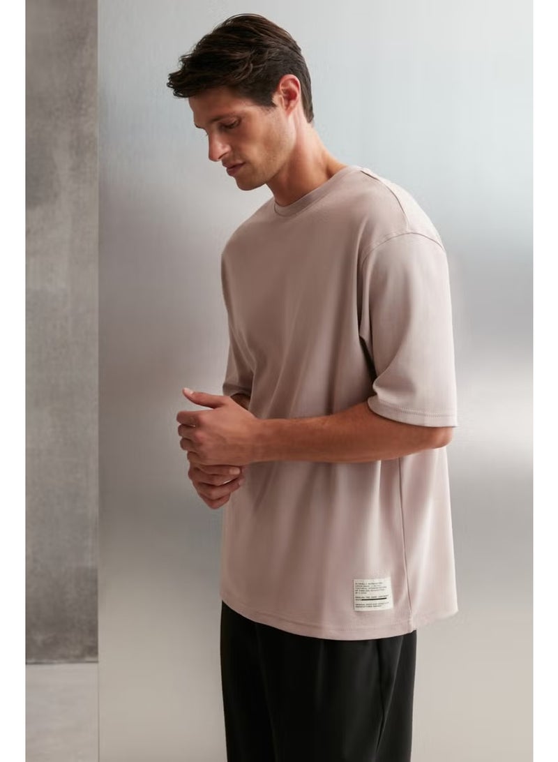 GRIMELANGE Joel Men's 100% Organic Cotton Thick Fabric Special Texture Label Detail Oversize Pink T-shirt - Image 2