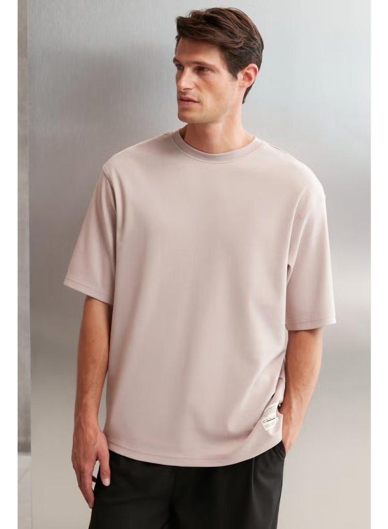 GRIMELANGE Joel Men's 100% Organic Cotton Thick Fabric Special Texture Label Detail Oversize Pink T-shirt - Image 3