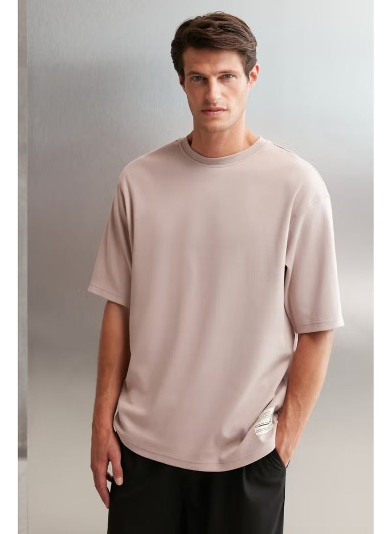 GRIMELANGE Joel Men's 100% Organic Cotton Thick Fabric Special Texture Label Detail Oversize Pink T-shirt - Image 4